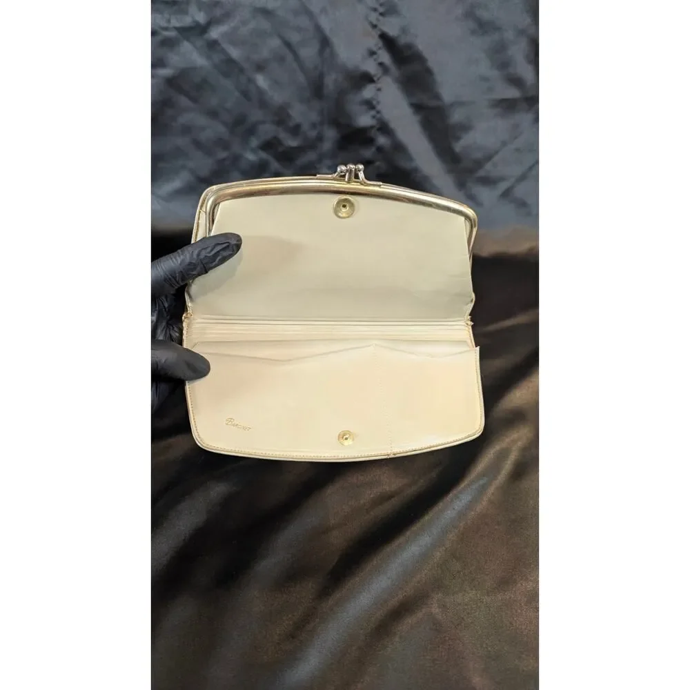 Vintage Baronet Long Wallet Beige Bone Leather Kisslock Retro Brass Rattan Ivory